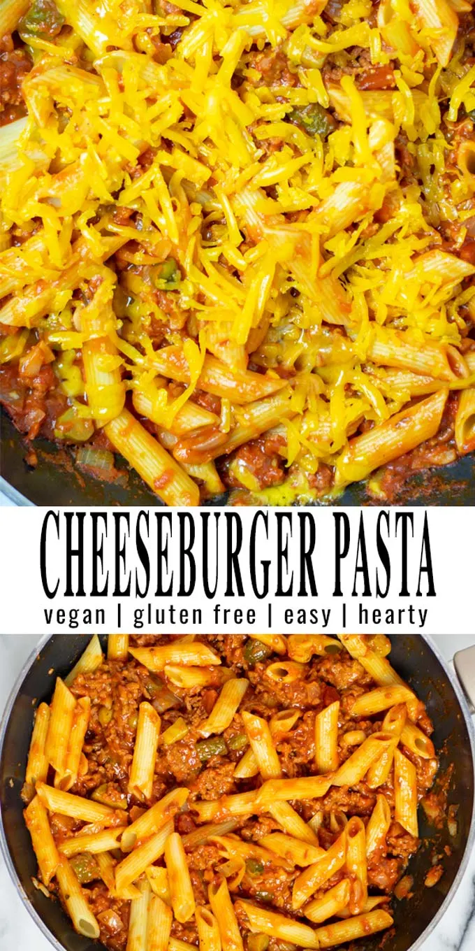 Collage of two pictures of the Cheeseburger Pasta with recipe title text.