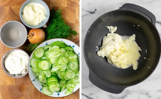 Ingredients for the creamy Cucumber Salad arranged on a wooden board.