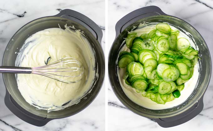 Showing the salad dressing in a large mixing bowl and how thin cucumber slices are added.