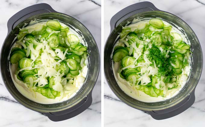 Showing how sliced onions and fresh dill are added to the bowl.