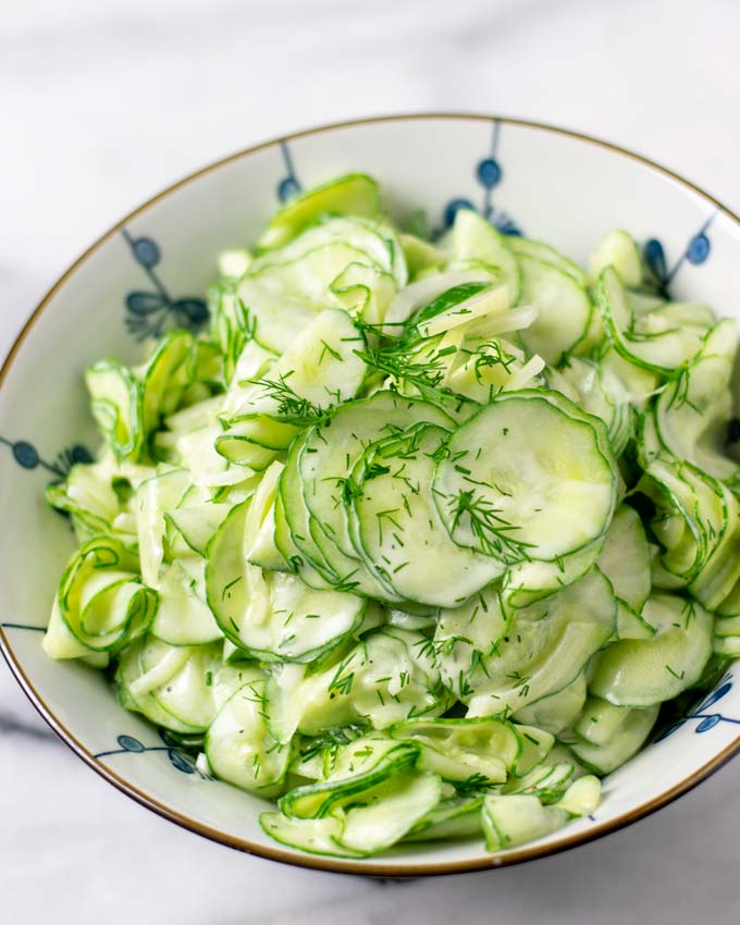 Creamy Cucumber Salad served in a large bowl.