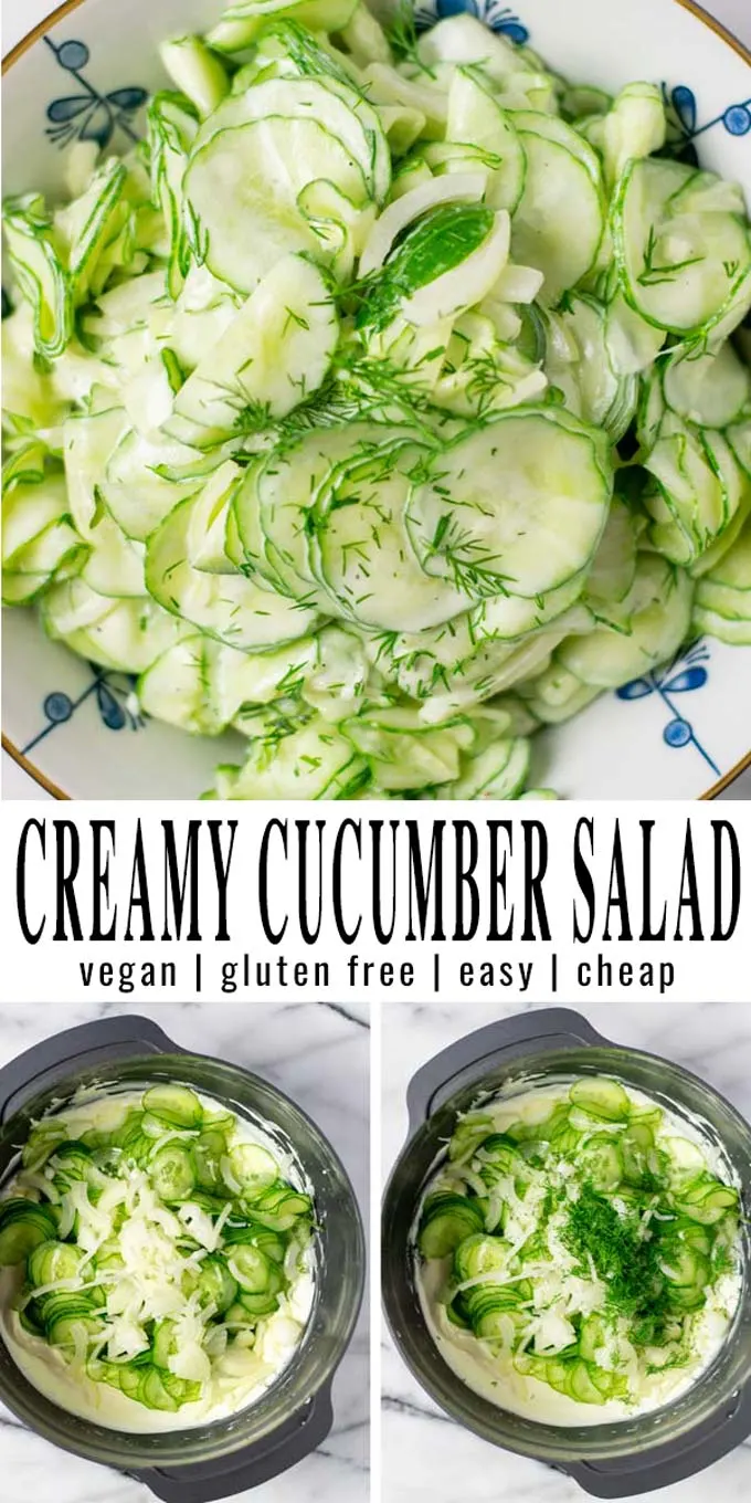 Collage of two pictures of the Creamy Cucumber Salad with recipe title text.