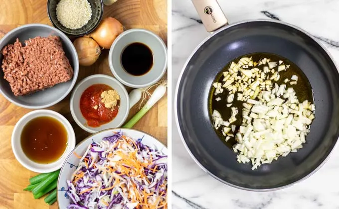 Ingredients for the Egg Roll in a Bowl collected on a wooden board.