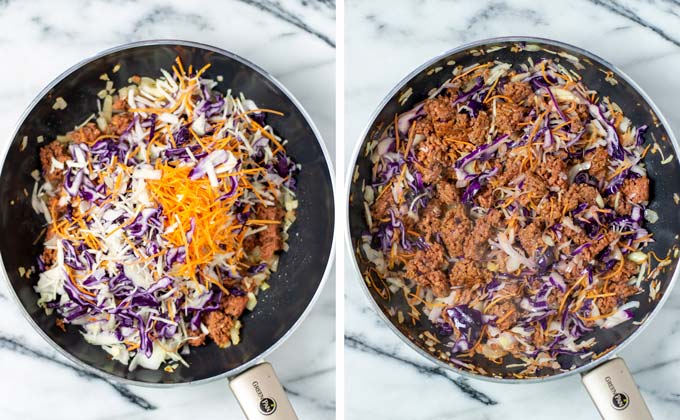 Adding coleslaw mix to the frying pan.