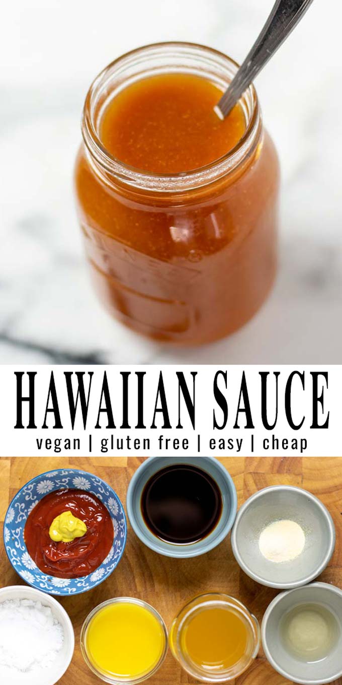 Collage of two pictures of the Hawaiian Sauce with recipe title text.