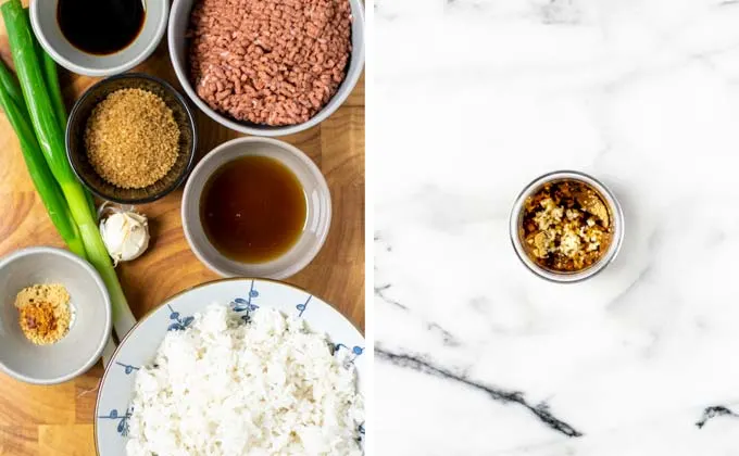 Ingredients for the Korean Rice assembled on a wooden board.