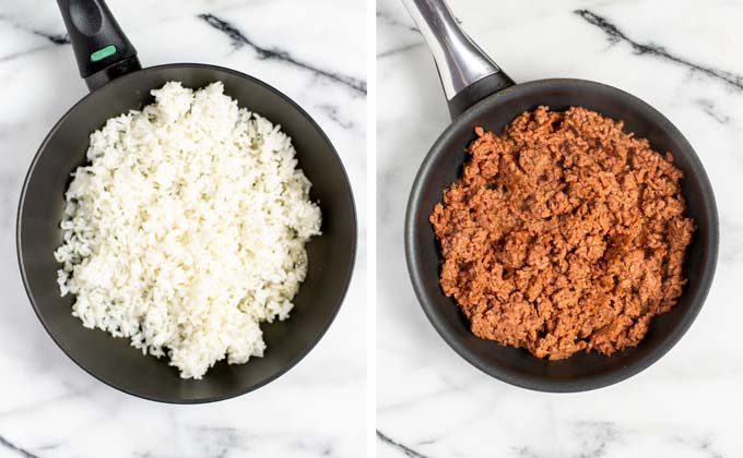 Rice and meat are fried in a frying pan. 