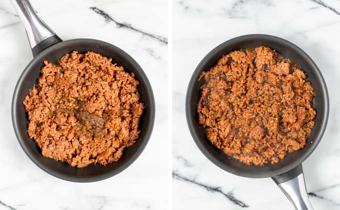 Side by side view of the vegan ground beef being mixed with the sauce.
