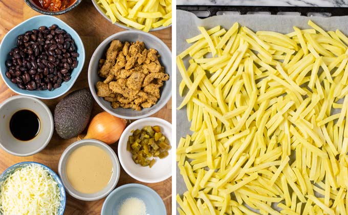 Ingredients for the Loaded Fries on a wooden board.