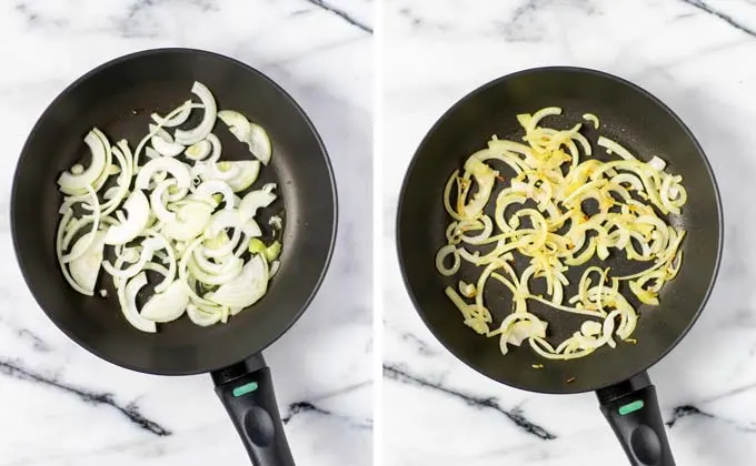 Side by side view of frying onion rings in a frying pan.