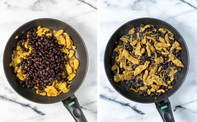 Side by side view of adding black beans to the pan with the gyros and onion.