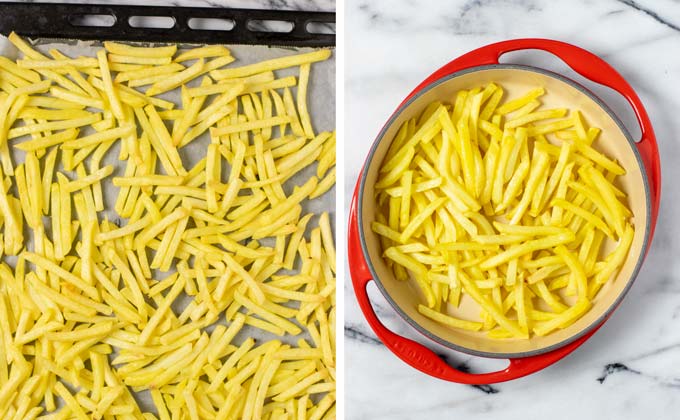Showing how the pre-baked fries are given to a baking dish.