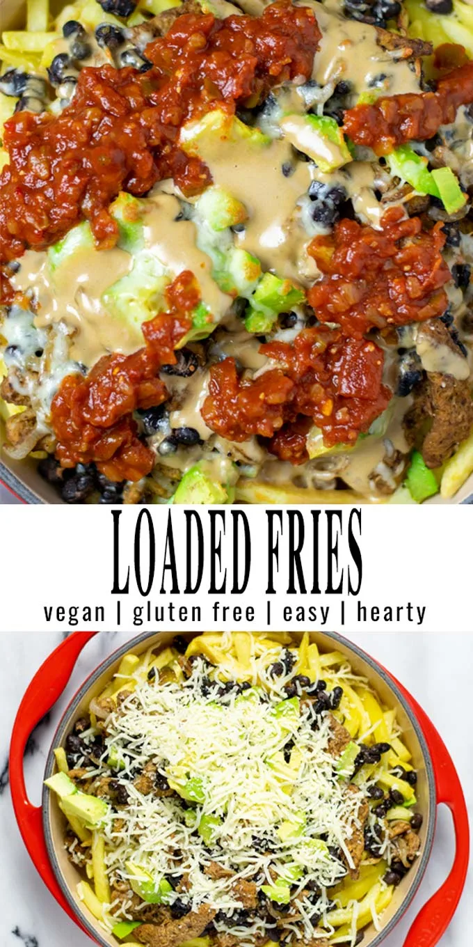 Collage of two pictures of the Loaded Fries with recipe title text.