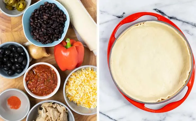 Ingredients for the Pizza Pie assembled on a wooden board.