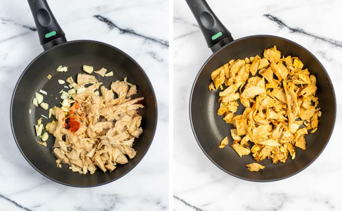 Vegan chicken bites are fried in a frying pan.