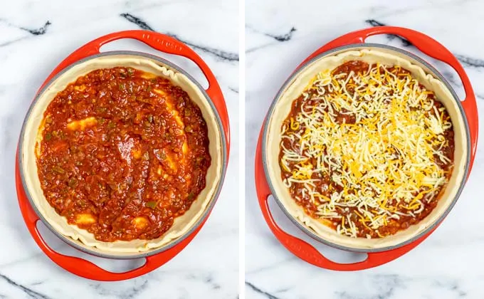 Pizza dough is put into a casserole, spread with salsa and a bit of vegan cheese.