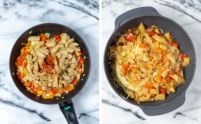 Onions, bell pepper and vegan chicken are fried in a pan, then added to a large mixing bowl with leftover pasta.