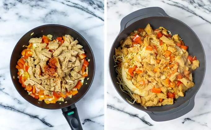 Onions, bell pepper and vegan chicken are fried in a pan, then added to a large mixing bowl with leftover pasta.