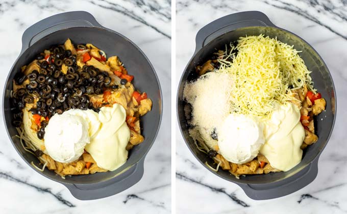 Black beans, vegan sour cream, vegan mayo and cheeses are given to the mixing bowl.