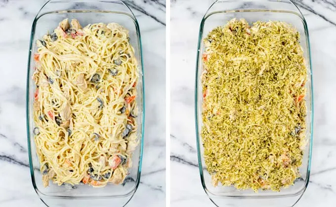 Spaghetti mixed with vegetables and cheeses are given into a casserole and topped with topping.