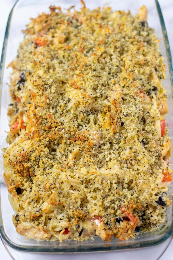 Baked Spaghetti in a large casserole dish after baking.