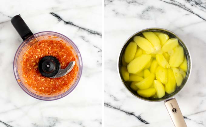 Showing how the tomato-garlic-ginger mix is made in a food processor.