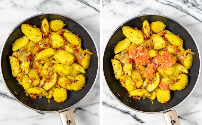 The tomato-garlic-ginger mix is added to the potatoes in a frying pan.