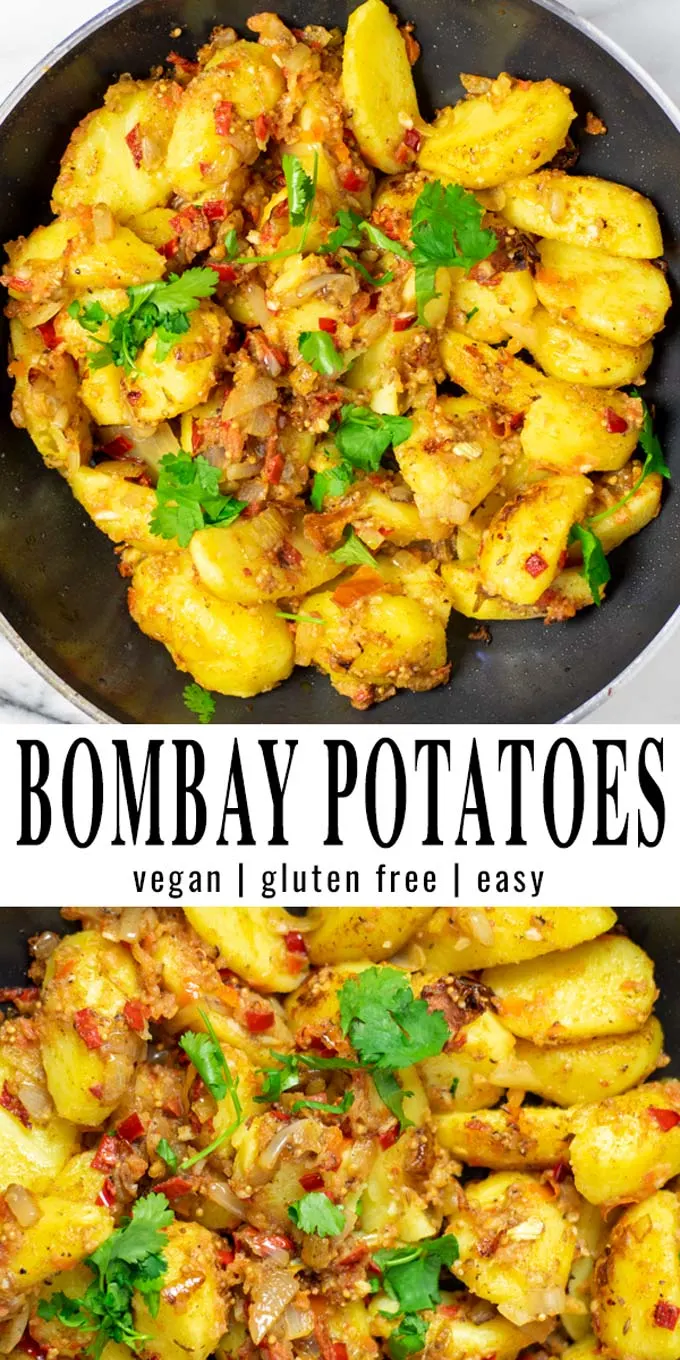 Collage of two pictures of the Bombay Potatoes with recipe title text.