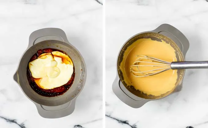 Side by side view of making the Cane's Sauce in a small grey bowl.