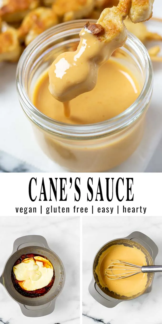 Collage of two pictures of the Cane's Sauce with recipe title text.