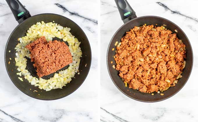 Vegan ground beef is fried with onions in a small pan.