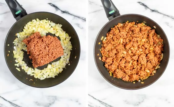 Vegan ground beef is fried with onions in a small pan.