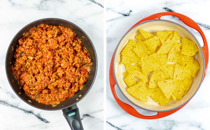 Starting the layering of the Chilaquiles with crunchy tortilla chips.