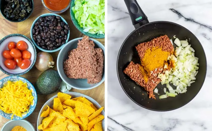 Ingredients for the Dorito Taco Salad collected on a wooden board.