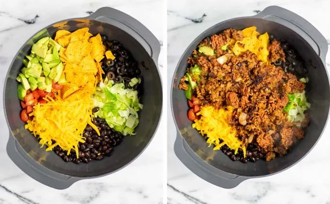 All ingredients for the salad are given to a large mixing bowl.