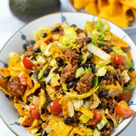 Portion of the Dorito Taco Salad in a big bowl.