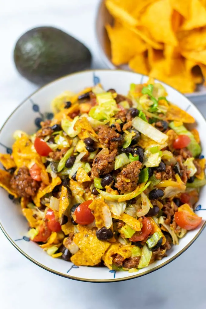 Portion of the Dorito Taco Salad in a big bowl.