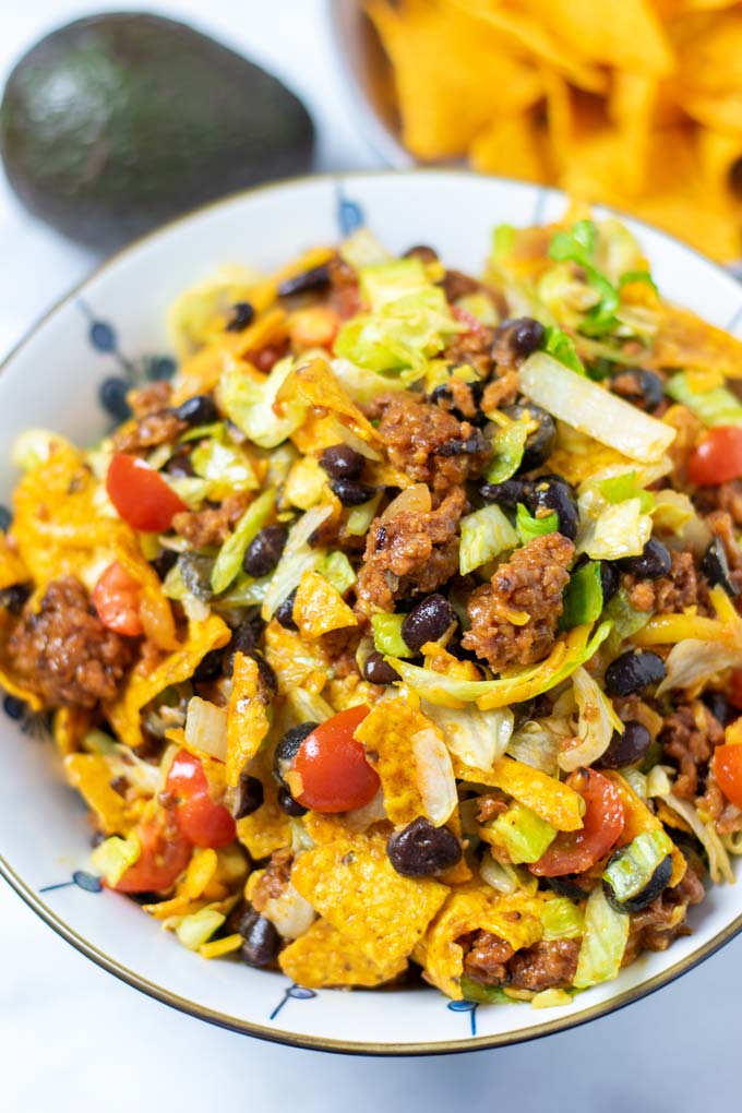 Ready to eat Dorito Taco Salad in a serving bowl.