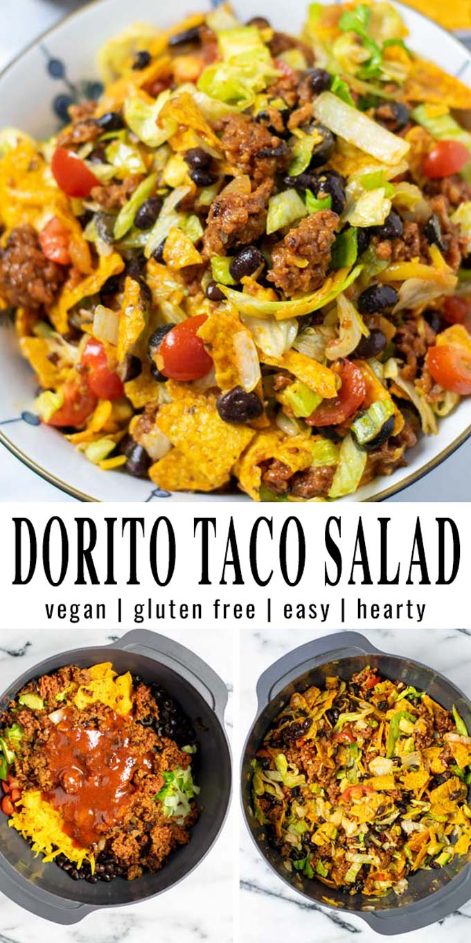 Collage of two pictures of the Dorito Taco Salad with recipe title text.