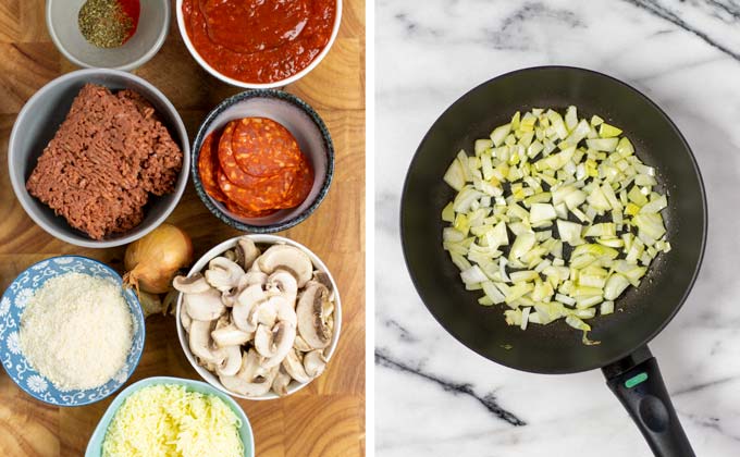 Ingredients for this Pizza in a Bowl recipe collected on a wooden board.