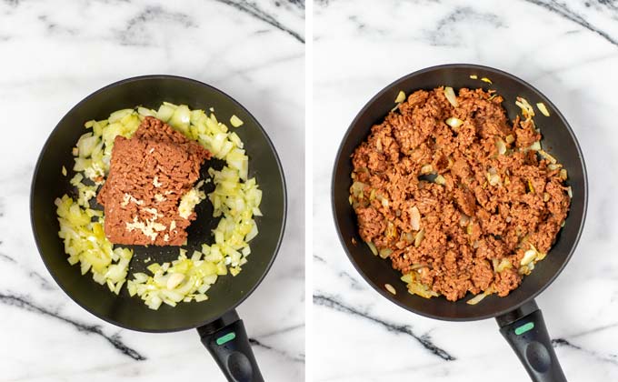 Onions and vegan ground beef are fried in a pan. 