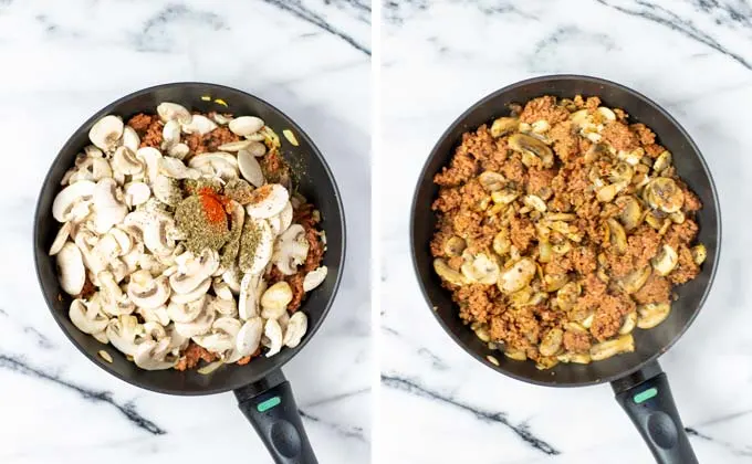 Sliced mushrooms and a spice mixture is given into the frying pan with the ground beef mixture.