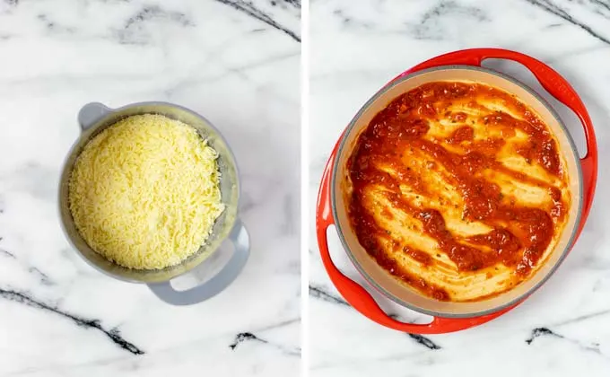 Vegan mozzarella and vegan parmesan are mixed in a small bowl. A casserole dish is layered with marinara.