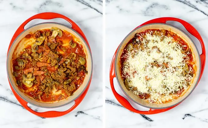 Showing step by step how the Pizza in a Bowl is layered.