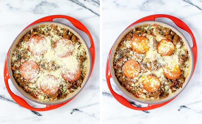 Showing how in a final step the Pizza in a Bowl is covered with vegan pepperoni slices and more cheese.