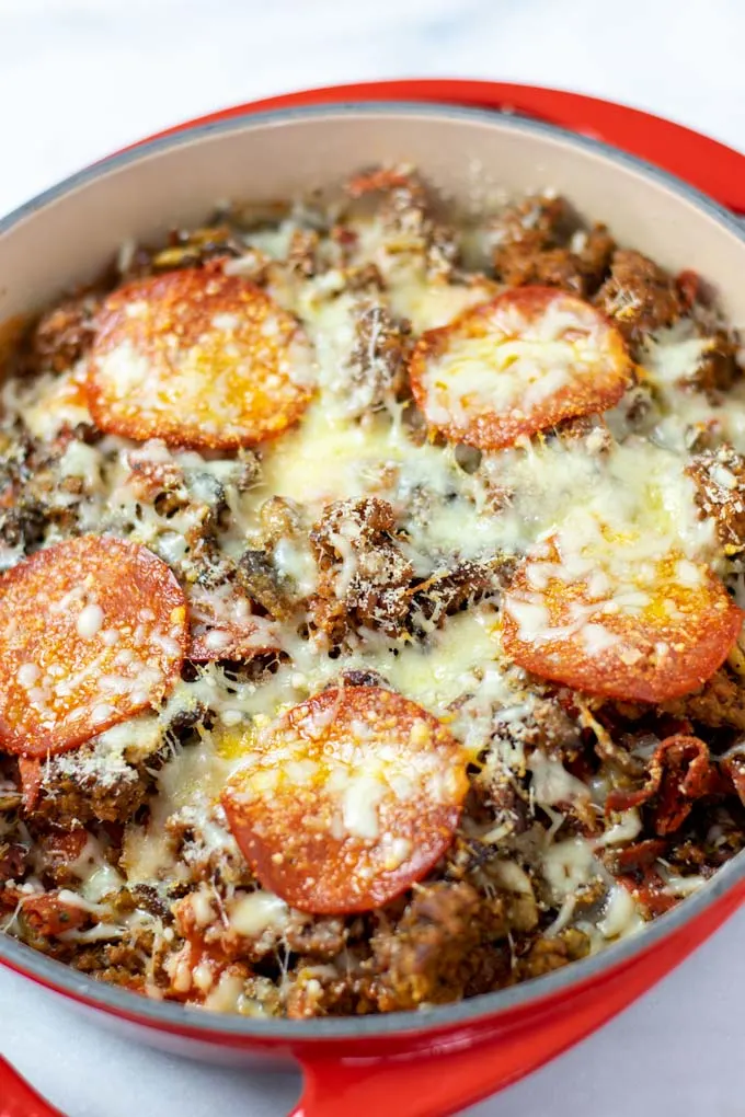 Closeup of the Pizza in a Bowl after baking in the oven.