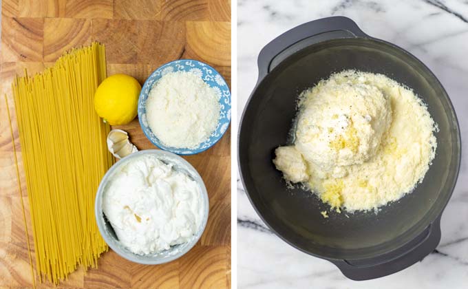 Ingredients for the Ricotta Pasta collected on a wooded board.