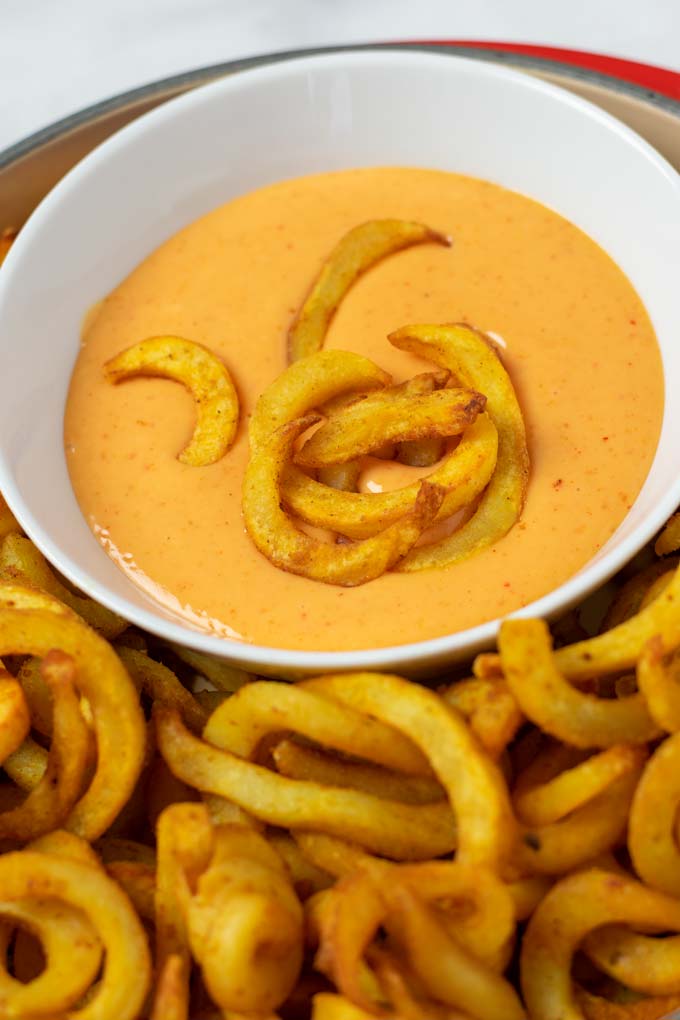 Closeup view of the Boom Boom Sauce served with fries.