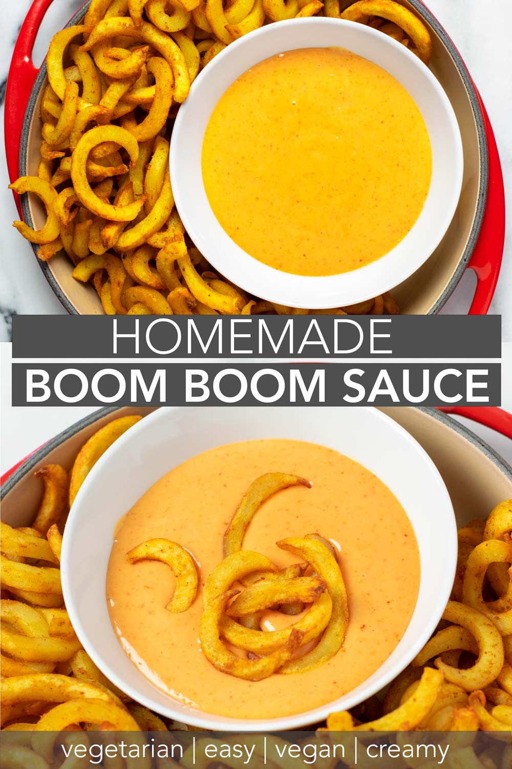 Collage of two pictures of the Boom Boom Sauce with recipe title text.