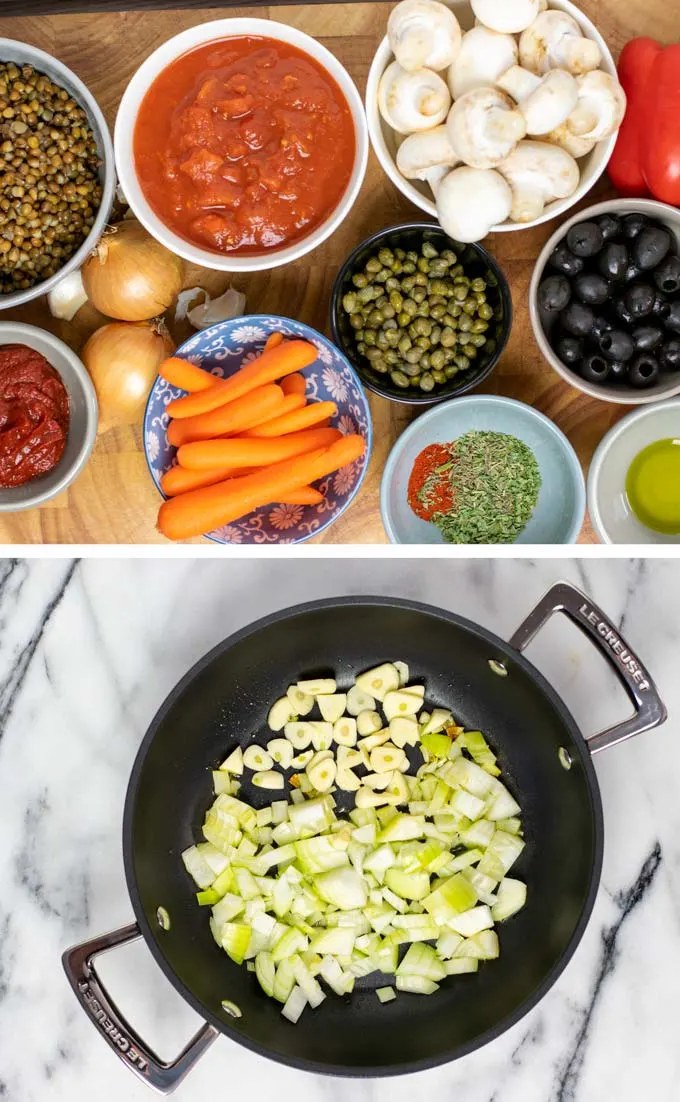 Ingredients for making this vegetarian Cacciatore assembled on a wooden board.